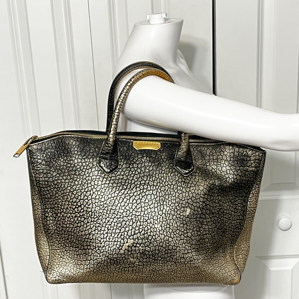 Burberry Leather Purse Calf Grain Satchel Bag Gold Metallic Animal Ombre Tote